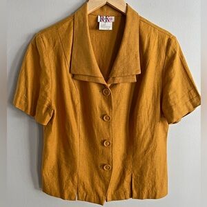 Vintage R&K Linen Mustard Blazer Top Button Front Retro Short Sleeve Size M-L